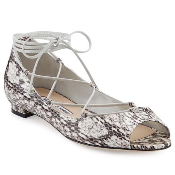 MANOLO BLAHNIK Aneska Ballet Flat Ivory Brown Snakeskin...